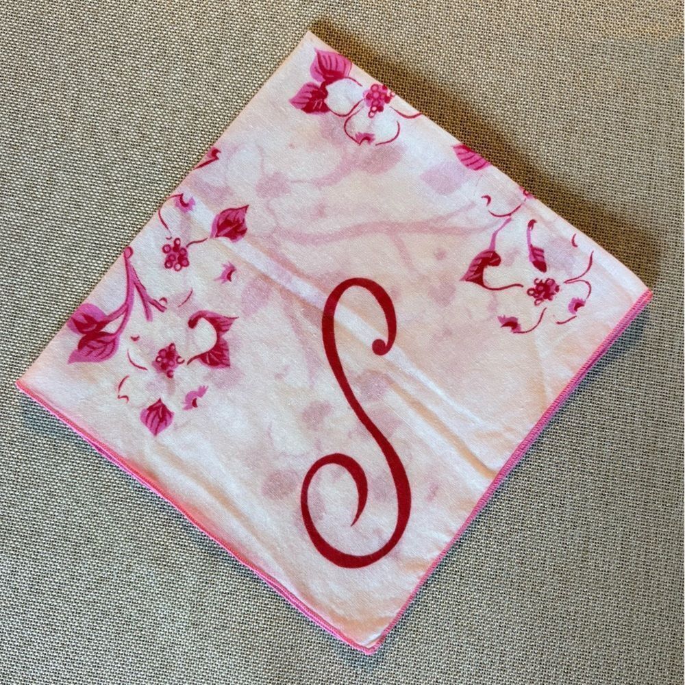 Vintage Monogram S Handkerchief Pink Floral Vine Print Cotton Hanky 1940s
